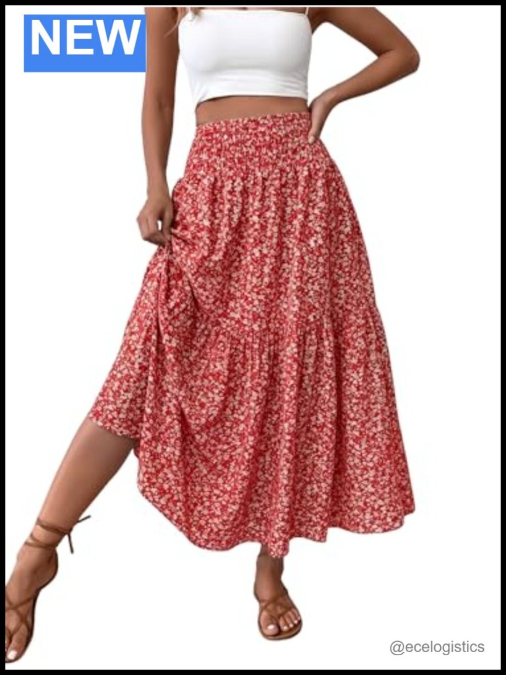 Womens Boho Floral Maxi Skirt High Waist Smocked Flowy Long Skirt with Pockets